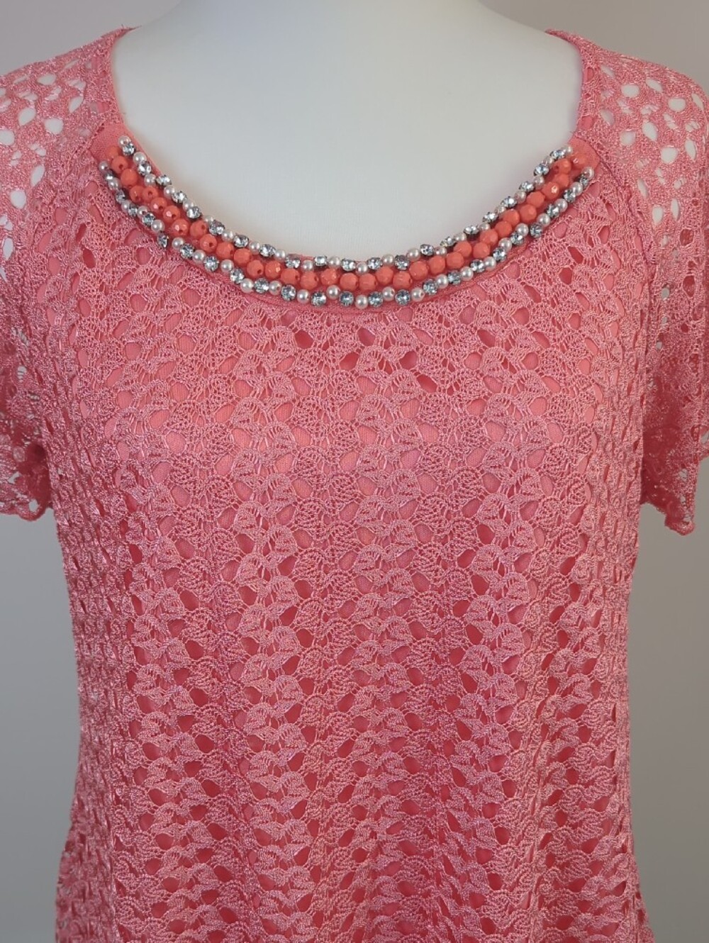 Brittany Black Coral Pink Lace Overlay Blouse Scoop Neck Beaded Embellished Top - Picture 5 of 14